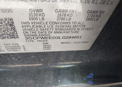 2020 Chevrolet Silverado 2Wd Short Bed Ltz z USA, uszkodzony, nr VIN 3GCPWEED3LG284651